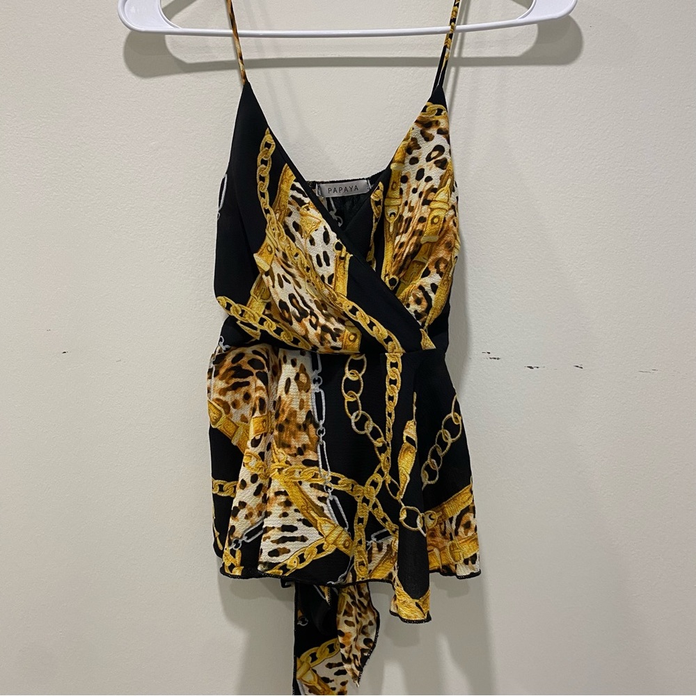 Papaya Black and Gold Chain Print Wrap Romper